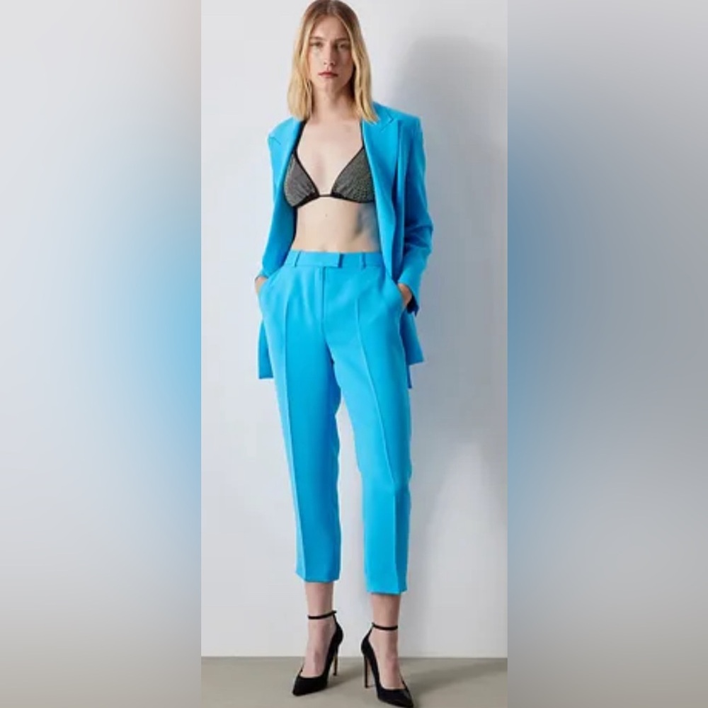 Blue work pants.  Tailored.   Tapered ankle Cigarette trousers